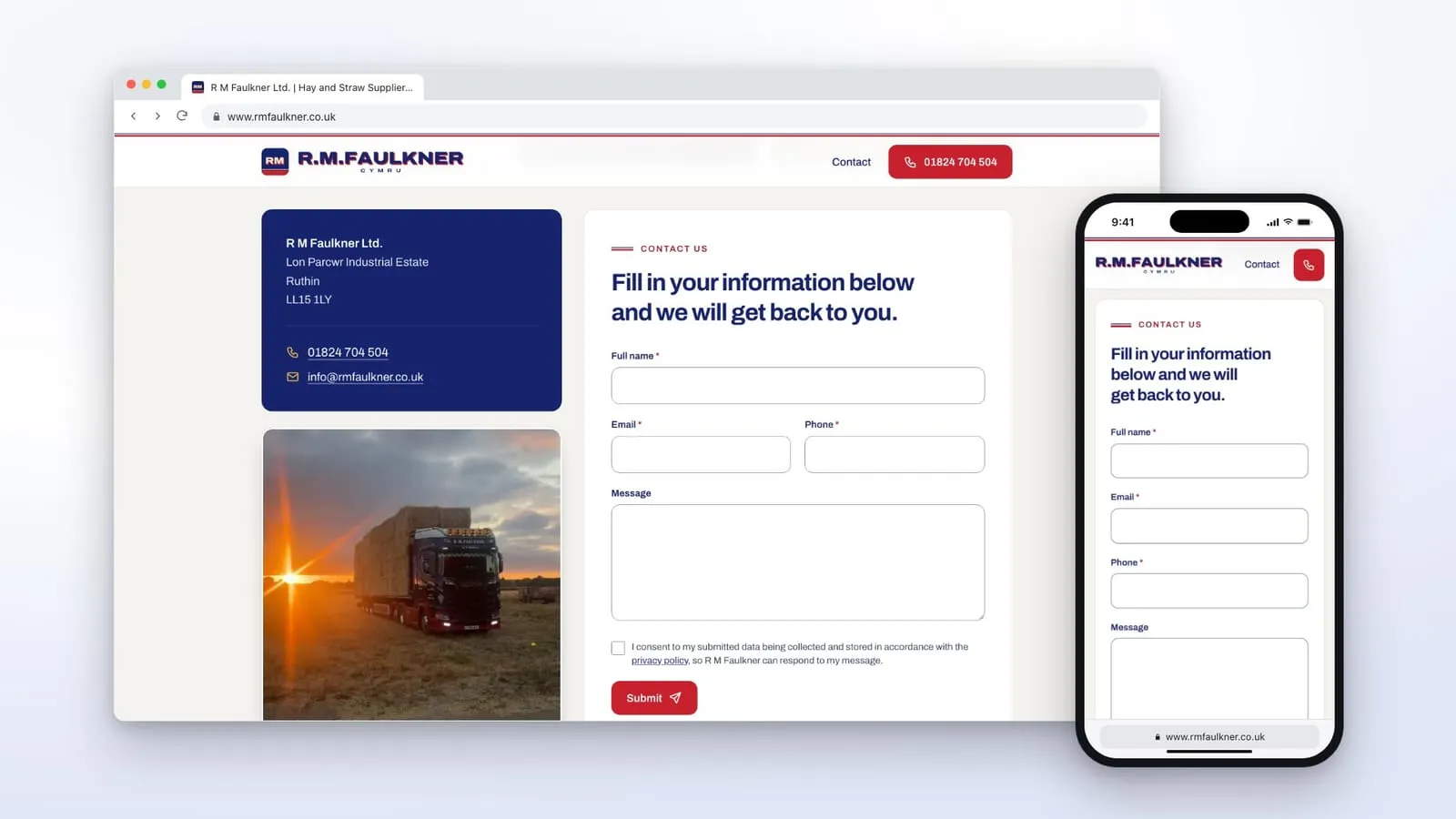 The contact section of the new R M Faulkner website on a laptop and a phone, with the address and phone number in a navy panel, a photo of a loaded lorry at sunset, and a short contact form.