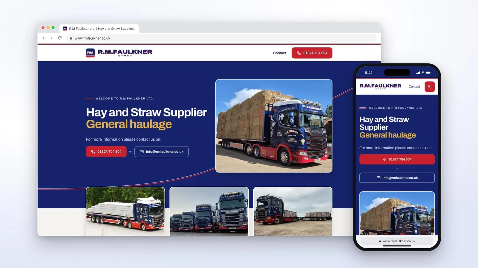 The new R M Faulkner website on a laptop and a phone, with a navy homepage, the headline Hay and Straw Supplier, General haulage, and a navy and red lorry loaded with straw.
