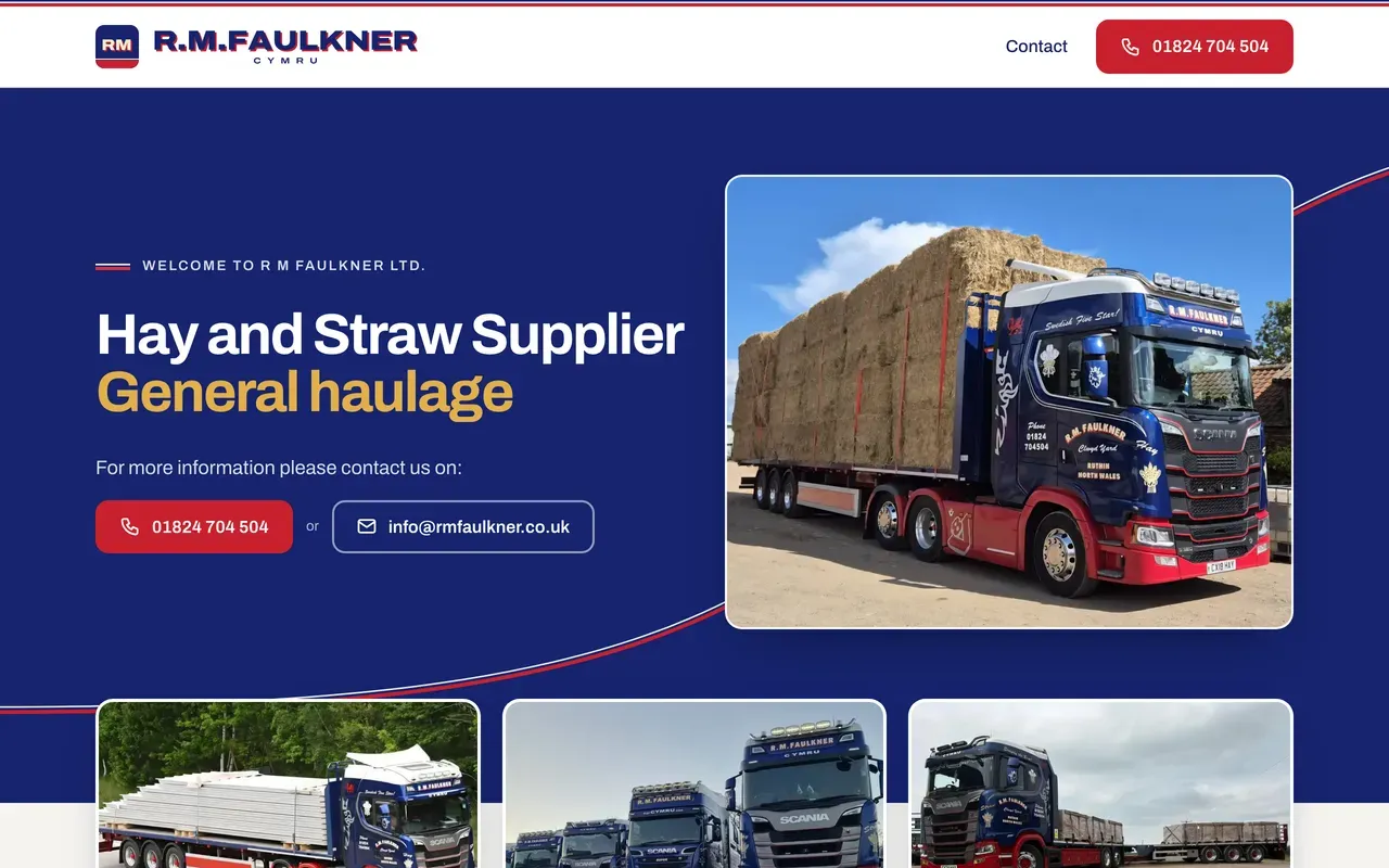 The R M Faulkner homepage, a navy page with the hay and straw headline beside a loaded lorry